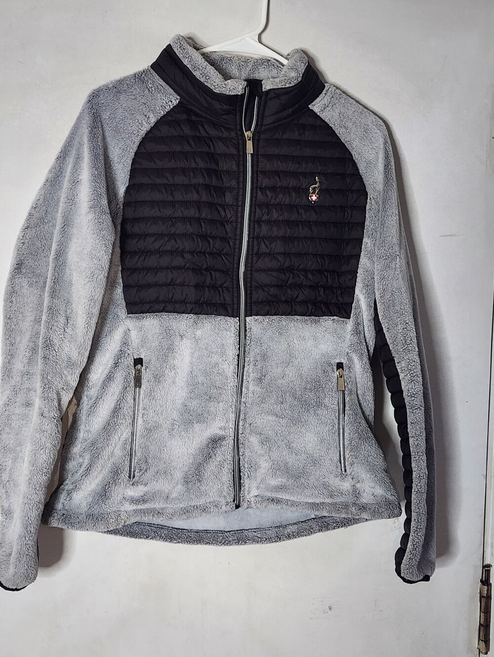 Cozy Gray Teddy Jacket with Black Quilted Front Panel